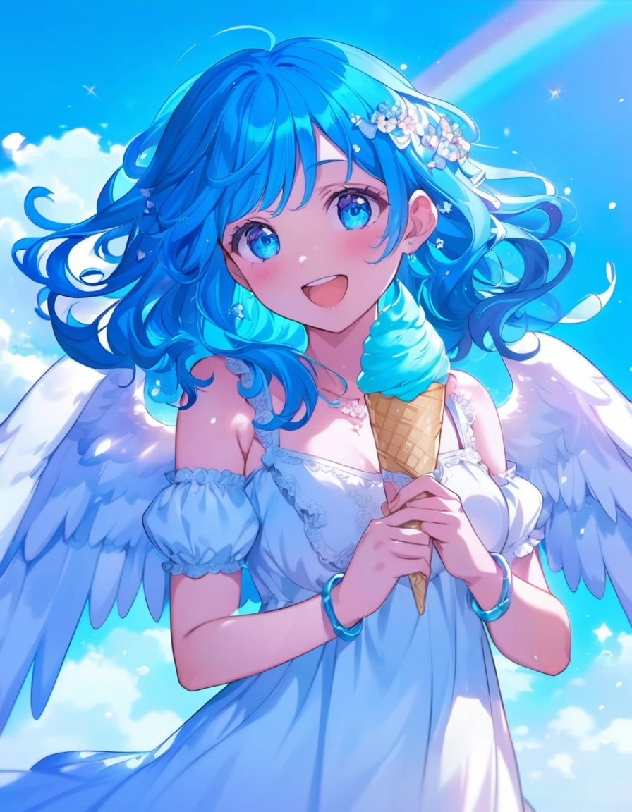 Busty woman with blue hair holding an ice cream cone in front of a rainbow, of a beautiful angel woman, , Angel Girl, Anime Moe Art Style, Anime Style 4k, pixiv Contest Winner, High quality anime art style, Detailed fan art, Official artwork, Beautiful anime art style, Digital art on pixiv, Inspired by Marie Angel