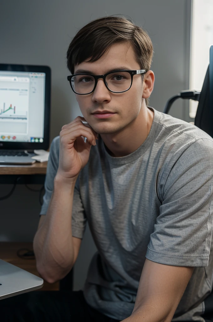 boy , Lithuanian,27 years , IT specialist , there are many computers with graphs in the background,model,short haircut , average build,rectangular glasses with gray frames on the face,asymmetrical facial features,wide jaw,sitting with a macbook ,casual clothing,brown-haired,Realism,жпик Realism,A living person,a real man