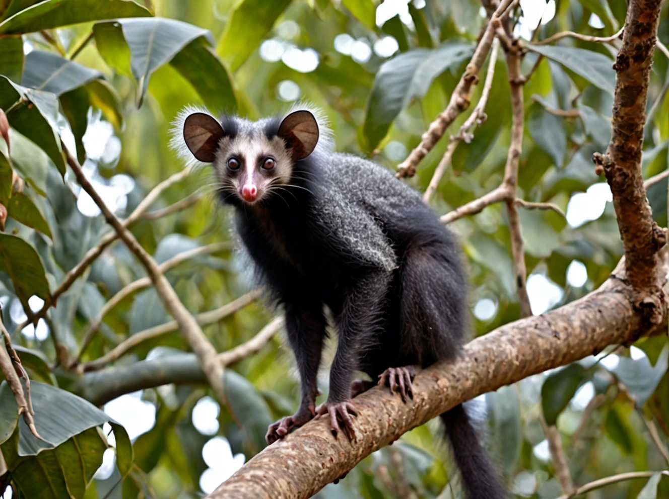 Aye-aye (Daubentonia madagascariensis) on a tree ,outdoors, realistic scenery. very wide shot, landscape, film, professional, 4k