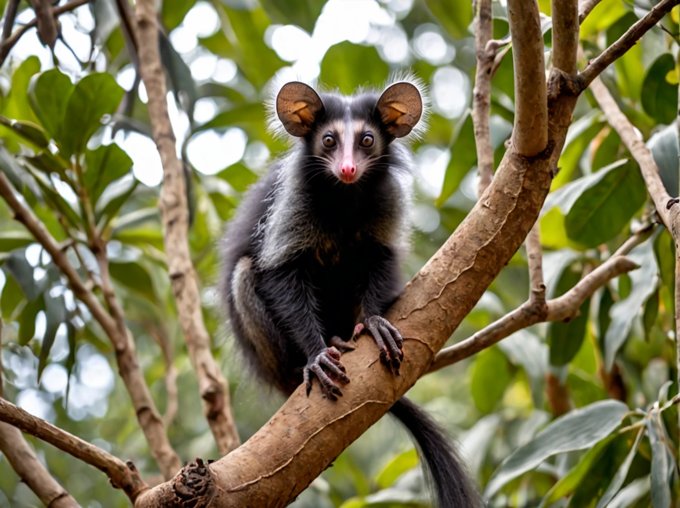 Aye-aye (Daubentonia madagascariensis) on a tree ,outdoors, realistic scenery. very wide shot, landscape, film, professional, 4k