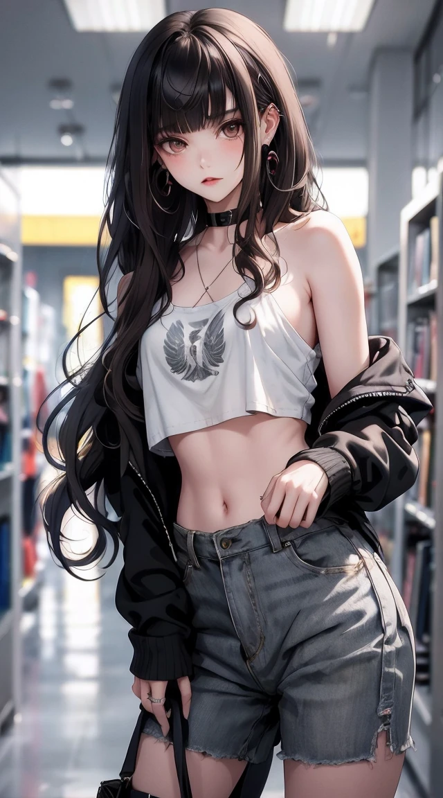 masterpiece, Highest quality, Pixiv, Cool girl, there are a lot of earrings, Earrings, Dark brown hair, Curly Hair, Blunt bangs, Straight bangs, Grey Eyes, Pale skin, Gal,Take off your clothes. Almost completely naked.