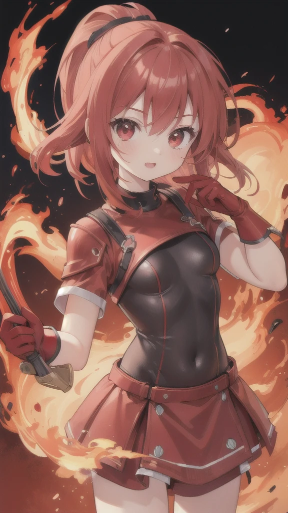 (best quality, Vibrant colors:1.2),red bobblehead doll,Vibrant red eyes,Red and black swimsuit,Red gloves,cockfighting,Armor that glows with fire