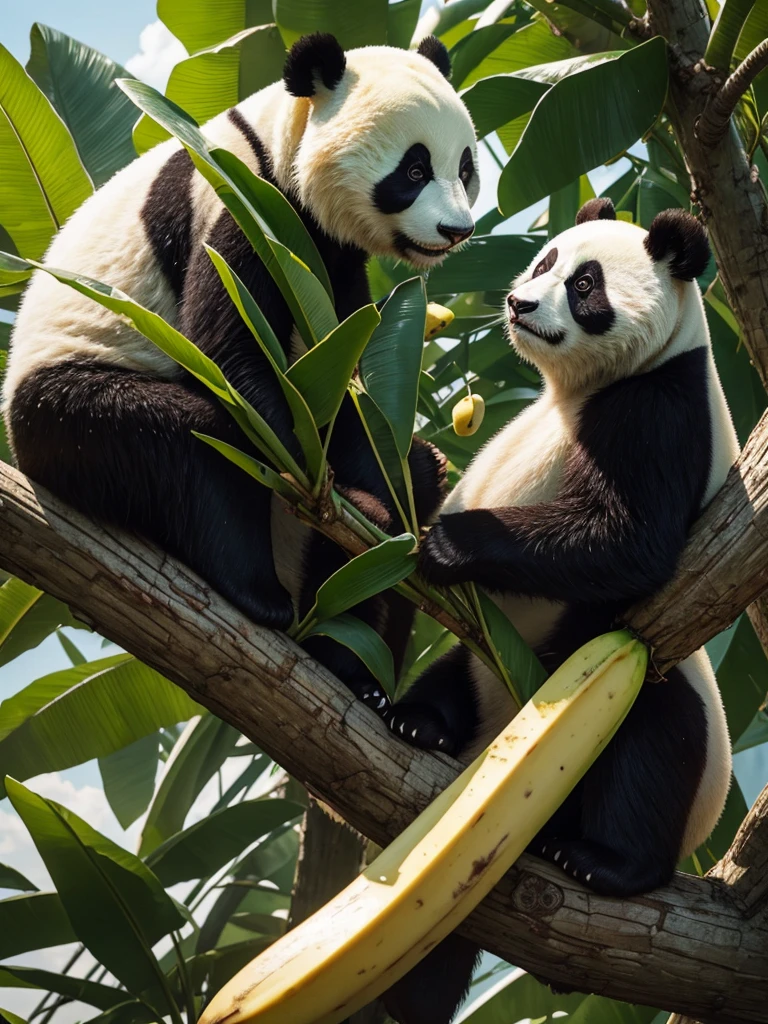 A banana fruit ripens on a banana tree while the panda looks on