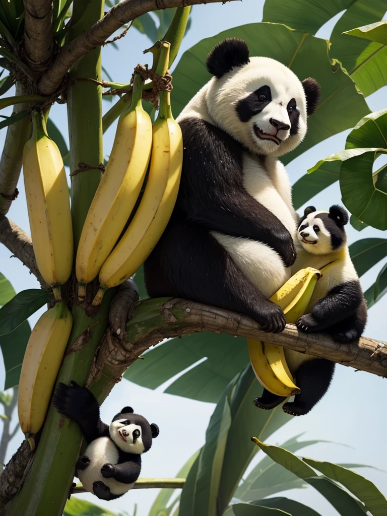 A banana fruit ripens on a banana tree while the panda looks on