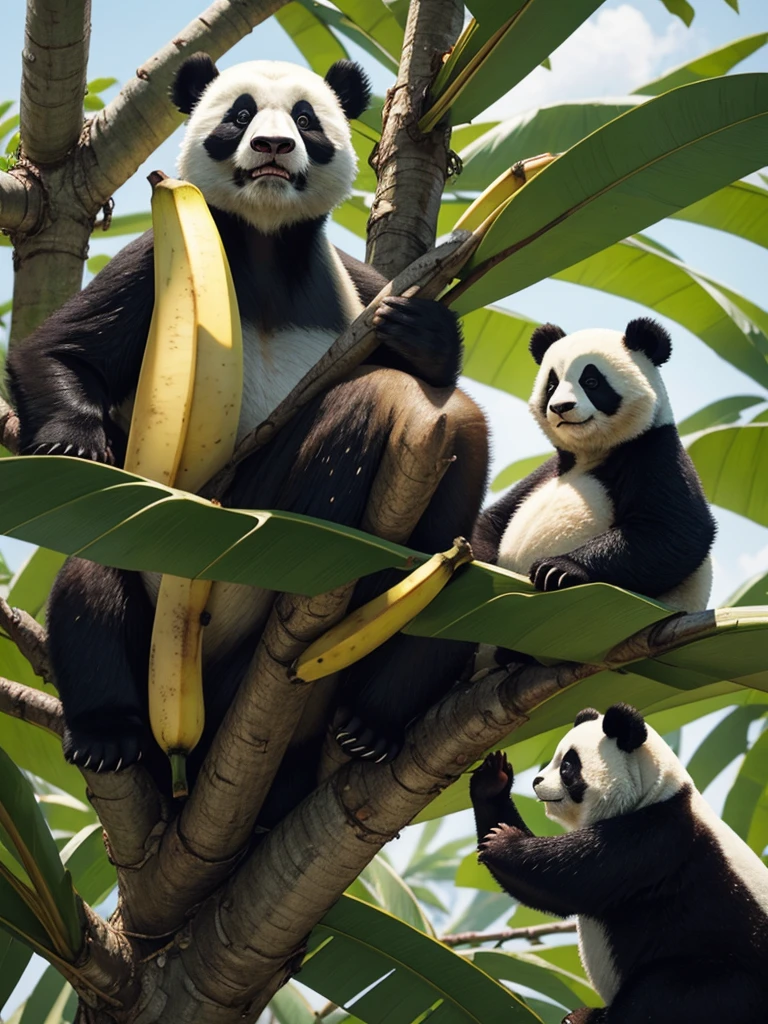 A banana fruit ripens on a banana tree while the panda looks on