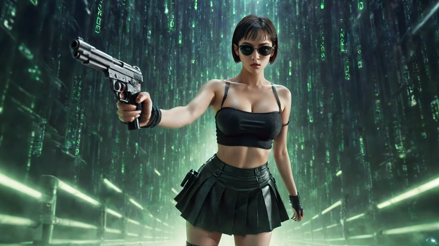 aerial view. sci-fi background. Matrix style, at night, dark sky, (1girl, solo))), photo realistic, (large-breast:1.3 slim body, cleavage:1.2), (((tube top, very short pleated miniskirt))), (((((matrix style black sunglasses))))), (((aiming at camera with a mini pistol))), (looking at camera), (((((half-body thigh level medium shot))))), (cinematic lighting).