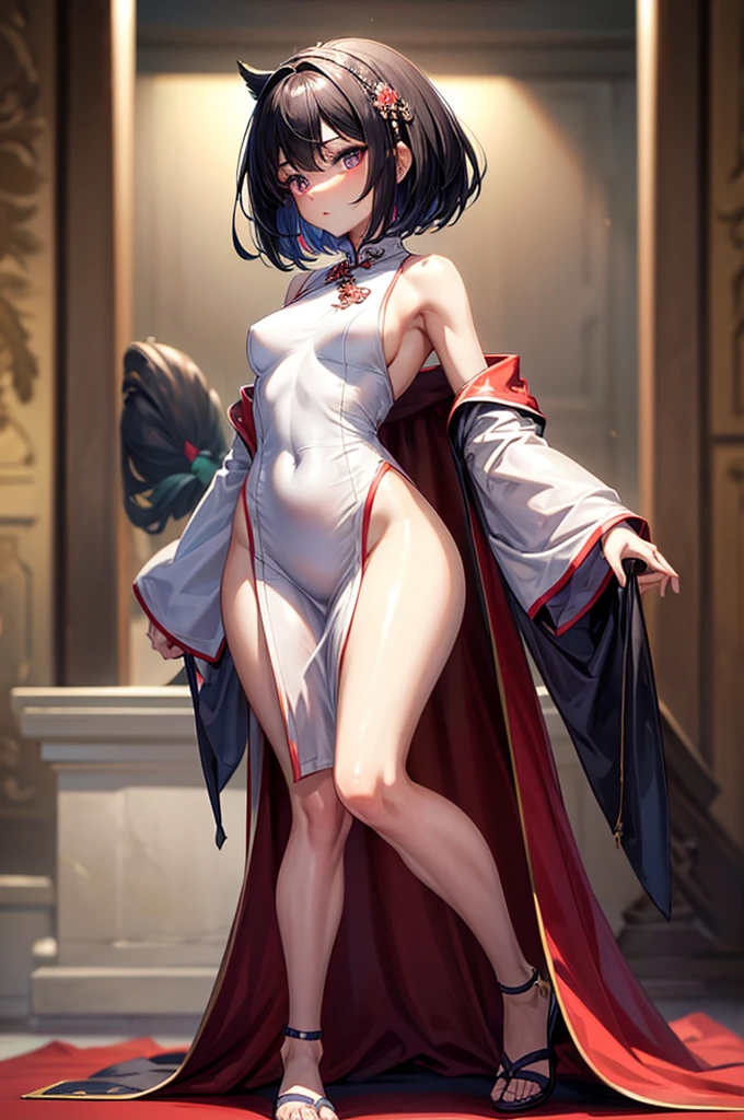 masterpiece, best quality, distinct image, 1 girl, 16 year old ager, knee length Chinese styled dress, solo. sharp facial features, oval shaped face, cherry pink lip, lightly tanned white skin, velvet-colored eyes, tall height(175cm), slim yet chiseled body-type, dark violet-black hair, short pixie cut hairstyle, long and slender legs, curvy wide hips stretching the dress, full body image,