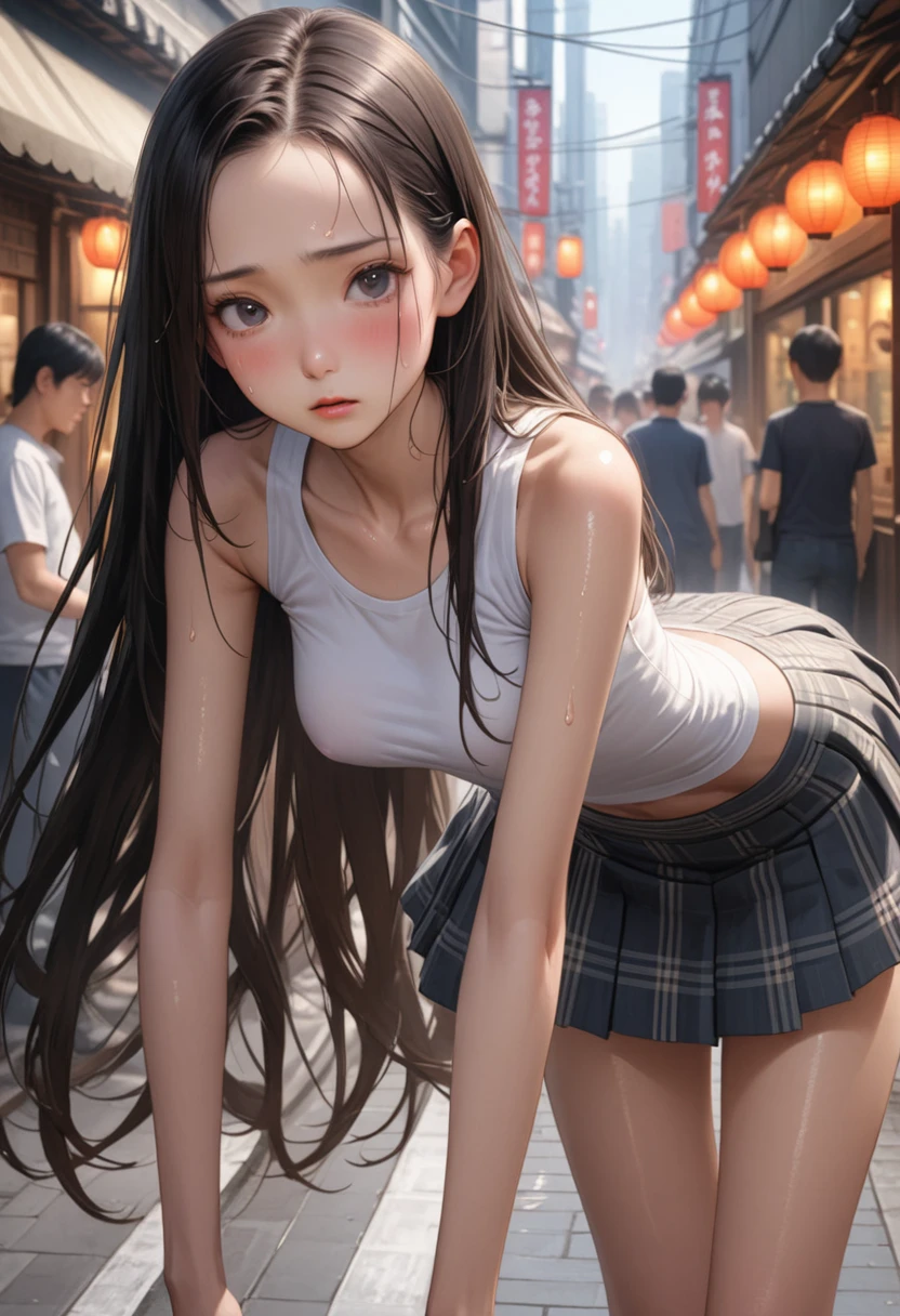 ((masterpiece,Highest quality:1.3,best illustration,realistic)),1woman、独奏,20 year old Japanese beauty,((very small head:1.3)),center parted bangs,forehead,black hair,long hair,black eyes,gorgeous eyes,blush,shy,medium breasts,((very long body:1.3)),((toned body,slender body,skinny)),gleaming skin,shiny skin,oily skin,sweat,(white long sleeve t-shirt、Grey plaid pleated mini skirt),on street,Tokyo、