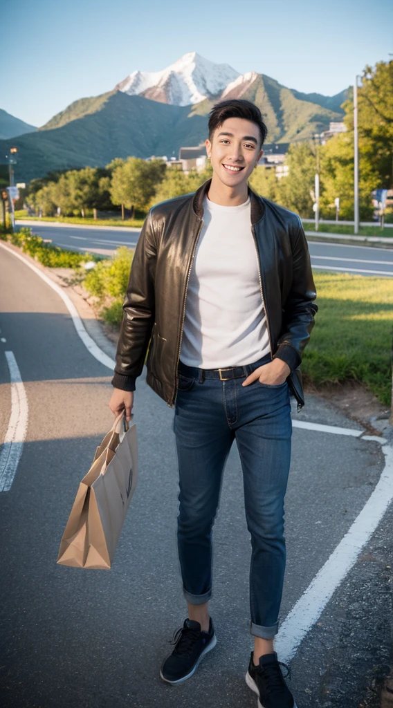 Masterpiece, best quality best, ung man, Asian man, East Asian people, one person, The muscles are in good proportion., Posing obscenely, short hair details, white teeth, jacket set, road background, Realistic style,photography,Can be seen from the front, see viewers