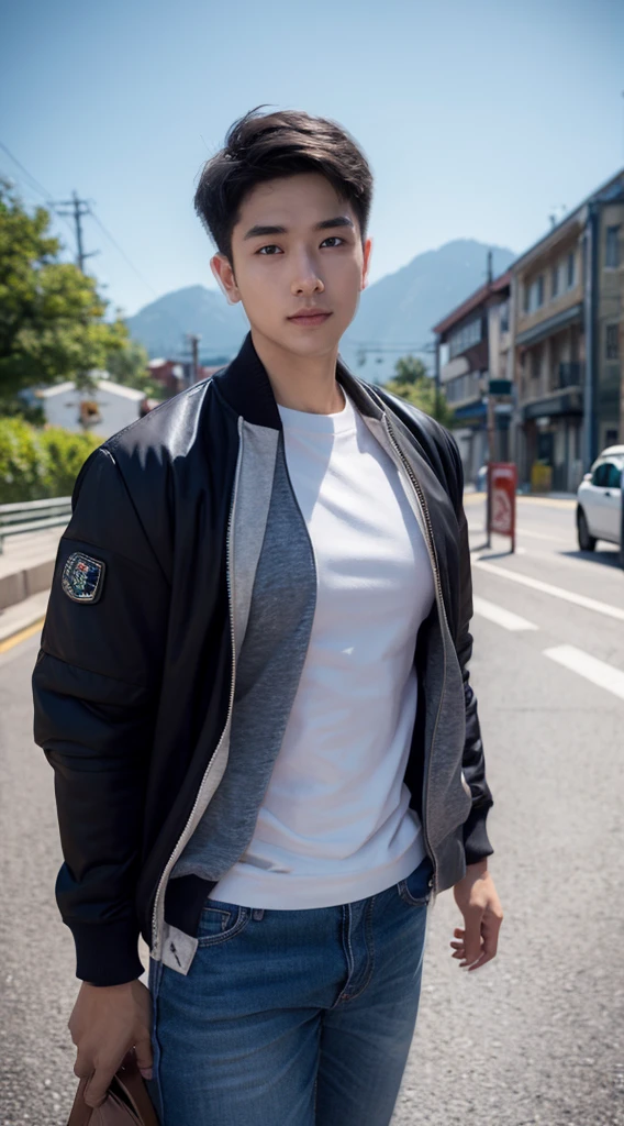 Masterpiece, best quality best, 1 young man, Asian man, East Asian people, one person, The muscles are in good proportion., Posing obscenely, short hair details， white teeth, jacket set, road background, Realistic style，photography，Can be seen from the front, see viewers