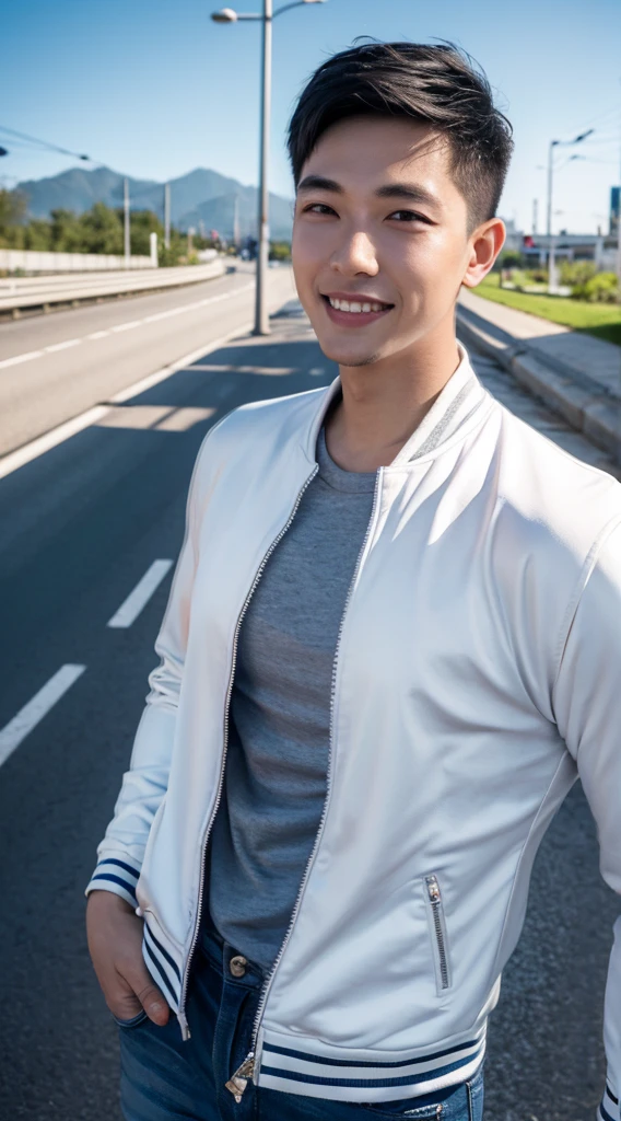 Masterpiece, best quality best, 1 young man, Asian man, East Asian people, one person, The muscles are in good proportion., Posing obscenely, short hair details, white teeth, jacket set, road background, Realistic style,photography,Can be seen from the front, see viewers