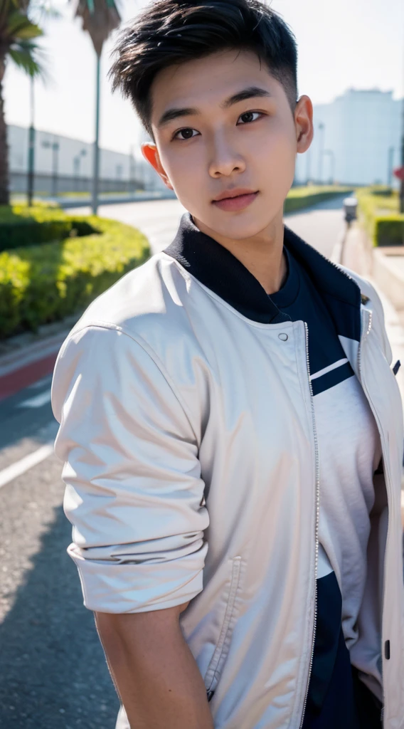 Masterpiece, best quality best, ung man, Asian man, East Asian people, one person, The muscles are in good proportion., Posing obscenely, short hair details， white teeth, jacket set, road background, Realistic style，photography，Can be seen from the front, see viewers