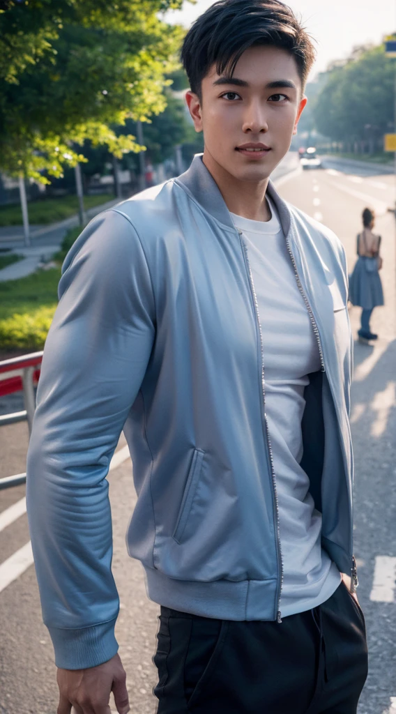 Masterpiece, best quality best, 1 young man, Asian man, East Asian people, one person, The muscles are in good proportion., Posing obscenely, short hair details， white teeth, jacket set, road background, Realistic style，photography，Can be seen from the front, see viewers