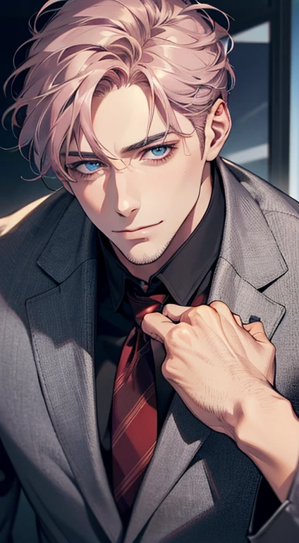 (best quality,4k,8k,highres,masterpiece:1.2),ultra-detailed,(realistic,photorealistic,photo-realistic:1.37),1 man,31 years old,mature man,very handsome,without expression,smile,short grey pink hair,blue eyes,penetrating gaze,perfect face without errors,imposing posture,businessman,office background,cinematic lighting,hdr image