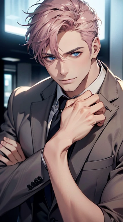 (best quality,4k,8k,highres,masterpiece:1.2),ultra-detailed,(realistic,photorealistic,photo-realistic:1.37),1 man,31 years old,mature man,very handsome,without expression,smile,short grey pink hair,blue eyes,penetrating gaze,perfect face without errors,imposing posture,businessman,office background,cinematic lighting,hdr image