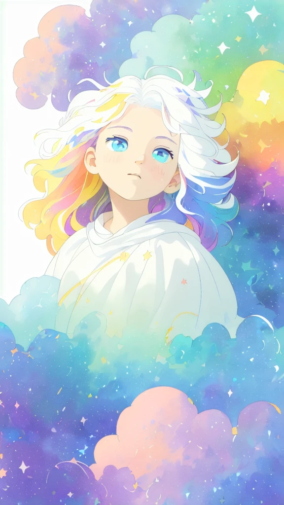 ((masterpiece)), (((best quality))), ((ultra-detailed)), ((illustration)),[realism light effect],shadow,(Fantasy style),(white background:1.6), simple background, (earth theme),(a cloak)[(hair focus,((1girl)),[(big slime hair): (cloud hair):0.3], (hair on background),(high saturation),(hair surrounded by galaxy splashes),)):((her hair is becoming galaxy clouds,:1.27628), (hair and clothes is galaxy clouds and cluster of stars:1.1025),(a cloak is becoming galaxy clouds)(colorful_galaxy_print_clusters_of_stars_print:1.35),((detailed starry sky with colorful galaxy and galaxy clouds):1.2)):0.35], (((masterpiece))),(((best quality))),((ultra-detailed)),(illustration),(dynamic angle),((floating)),(paint),((disheveled hair)),((beautiful detailed face)),collar,bare shoulders, ((colorful hair)),((streaked hair)),beautiful detailed eyes,(Gradient color eyes),(((colorful eyes))),(((colorful background))),(((high saturation))),(((surrounded by colorful splashes))),(((surrounded by colorful dot))),colorful bubble,((shining)),