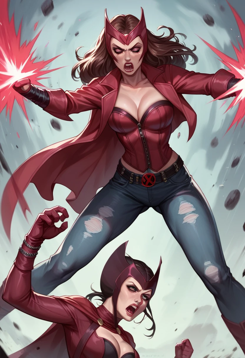 Both girls in the frame Dynamic poses of (( Jean Grey from X-men)) in a fight to the death against (Scarlet Witch from Avengers)) fierce expressions, brutal catfight, brutal withcfight sensation, unforgettable event, thrilling encounter