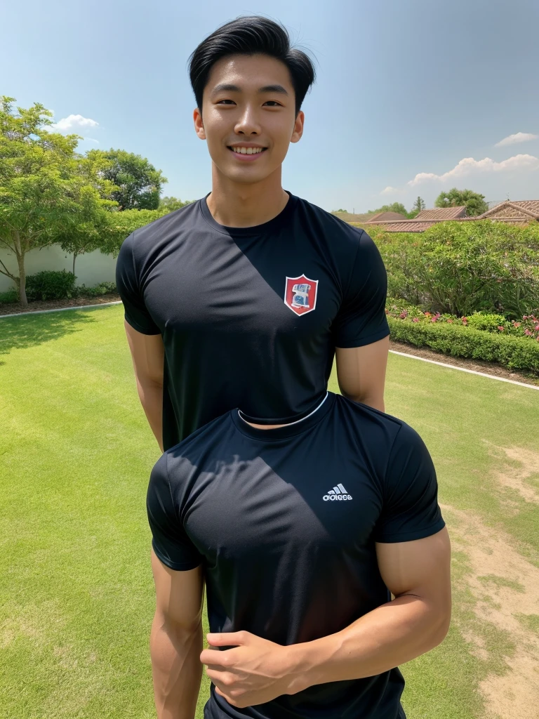 (As a matter of fact, Masterpiece, 8k HD, good light quality, sportswear, fit the face, complicated details), A handsome, muscular young Korean man. , 20 years old, be happy, smile brightly, detailed face, delicate eyes, มองดูsky, Wear a navy tight T-shirt.:1.6, period, black eyes, Black hair color, ผมsmooth, smooth, outdoor sports, Along the garden, Sunny,sky,Surreal,Awesome details,Highest quality,real,Open your mouth to talk. , Close your eyes.