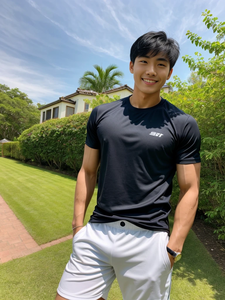 (As a matter of fact, Masterpiece, 8k HD, good light quality, sportswear, fit the face, complicated details), A handsome, muscular young Korean man. , 20 years old, be happy, smile brightly, detailed face, delicate eyes, มองดูsky, Wear a navy tight T-shirt.:1.6, period, black eyes, Black hair color, ผมsmooth, smooth, outdoor sports, Along the garden, Sunny,sky,Surreal,Awesome details,Highest quality,real,Open your mouth to talk. , Close your eyes.