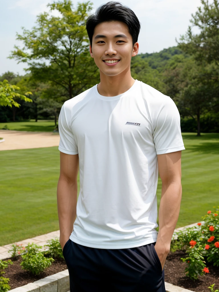 (As a matter of fact, Masterpiece, 8k HD, good light quality, sportswear, fit the face, complicated details), A handsome, muscular young Korean man. , 20 years old, be happy, smile brightly, detailed face, delicate eyes, มองดูsky, Wear a navy tight T-shirt.:1.6, period, black eyes, Black hair color, ผมsmooth, smooth, outdoor sports, Along the garden, Sunny,sky，Surreal，Awesome details，Highest quality，real，Open your mouth to talk. , Close your eyes.