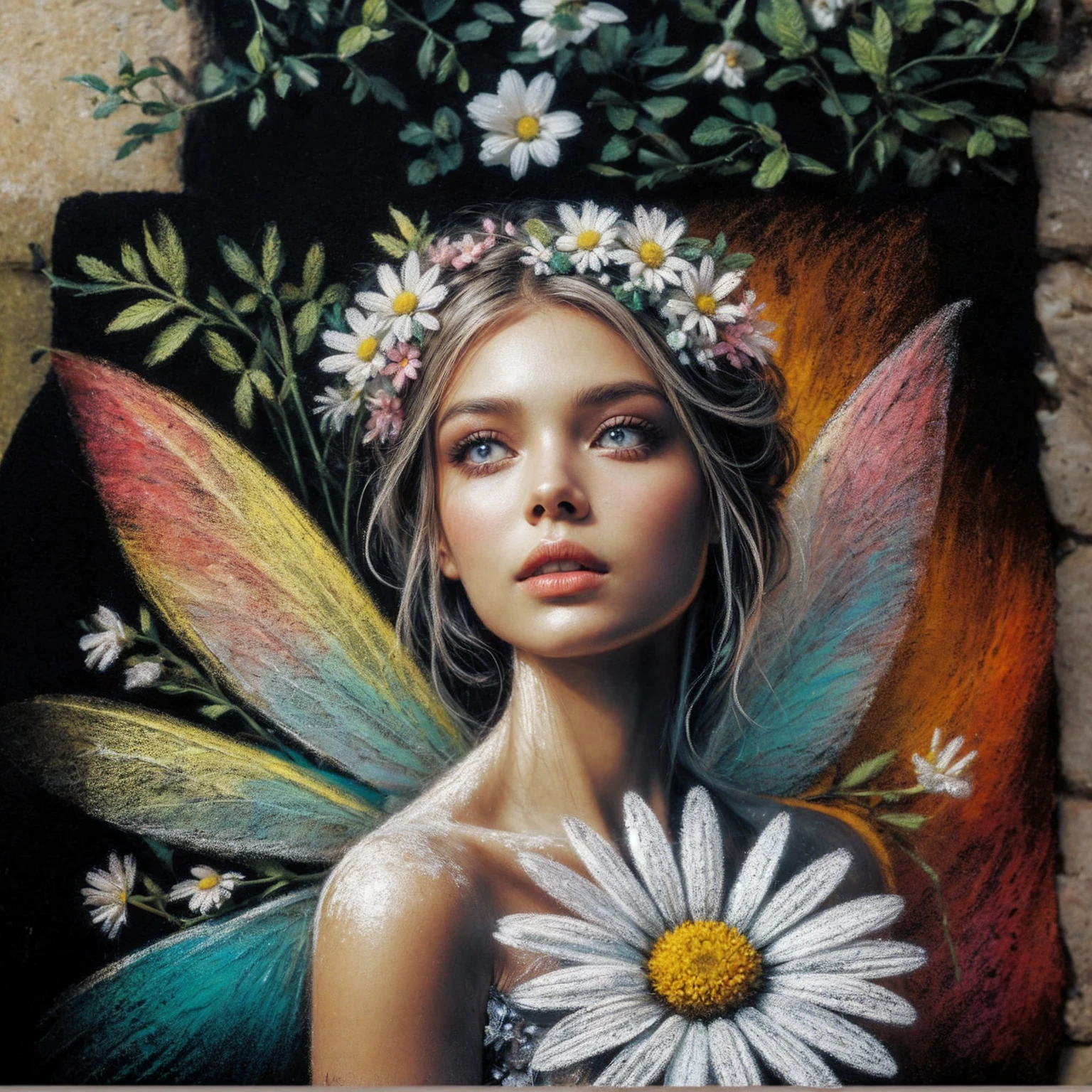 chalk portrait of a beautiful fairy, with flawless skin, and a daisy, complementary colours, artistic, painterly.