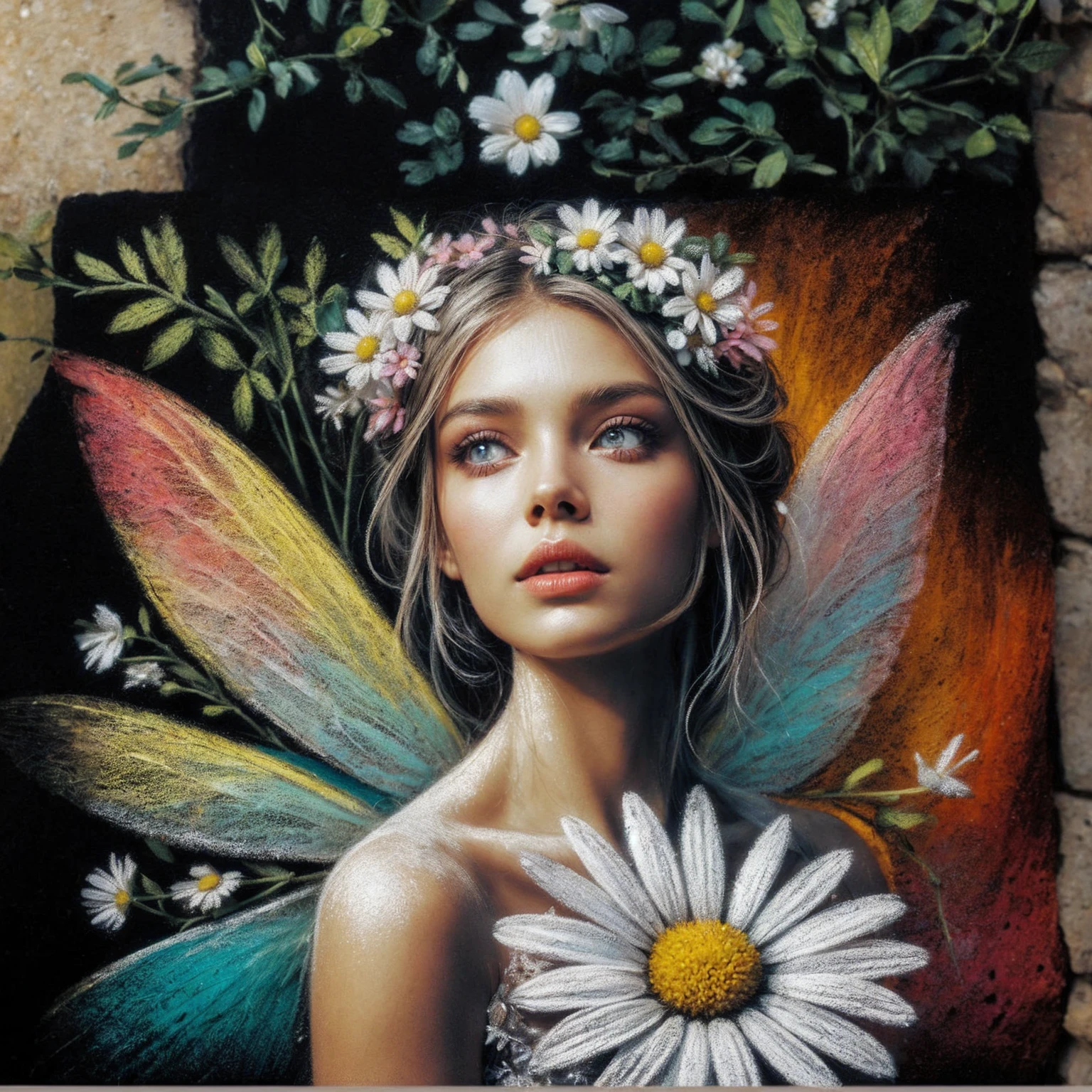 chalk portrait of a beautiful fairy, with flawless skin, and a daisy, complementary colours, artistic, painterly.