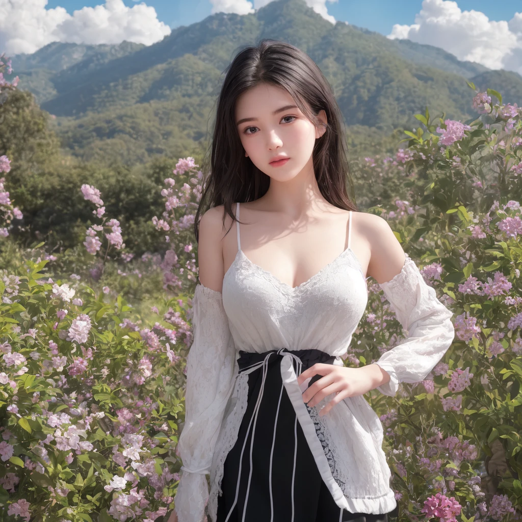 (best quality), masterpiece, Extremely detailed CG8K painting, high color, Extremely high color saturation, All colors are deepened, central composition, Extremely detailed light and shadow, The face and eyes are very detailed, medium length hair, sportswear, colorful clouds,beautiful nature,landscape,short black hair,white spaghetti strap dress,Black coat,Black skirt,,Large Breasts