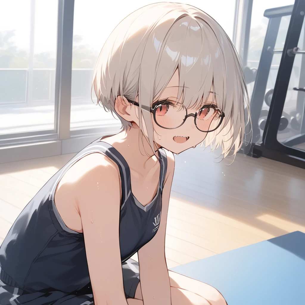 score_9, score_8_up, score_7_up, source_anime, best quality, masterpiece, official art, absurdres, highres, ultra-detailed,waifu2x,Collection: Slice of Life,break,1girl, very short hair,pixie cut, long bangs, glasses, uniform, small breasts, sweat, open mouth, (wavy mouth:0.3), indoors, gym, sit, summer, break,(clear line illustration:1.2),very high resolution, very aesthetic, super detailed skin, Best sexual lighting powered by famous artist, 8k,cute picture,beauty illustration,photoshop_(medium),,(Detailed Lighting),best anime 8k konachan wallpaper, pixiv contest winner, 