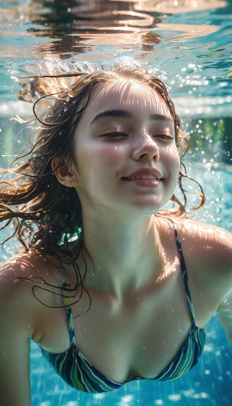 Beautiful girl soaks in pool to cool off during June heat wave,(Close-up of whole head submerged in water.The moment of jumping out of the water)Surrounded by dazzling afternoon light, shadows and water ripples,The whole scene looks lazy and exudes a romantic, relaxed and elegant aesthetic.。