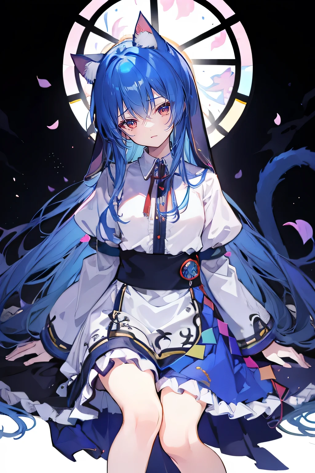 (masterpiece:1.2),Extremely detailed,Practical,expressive eyes,Fair skin,Perfect face shaping,1 Girl,
Japanese cartoons,Gorgeous blue hair, the long flowing blue hair,Floating clothes,Cat ears,Petals fall,beautiful lola,Angel,
Place your hands on your waist,sit elegantly on the ground,Cross your legs,Gentle and peaceful background,stately church,nun。