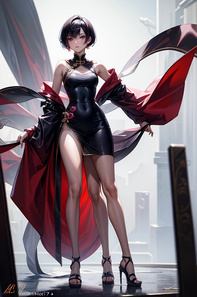 masterpiece, best quality, distinct image, 1 girl, , knee length Chinese styled dress, solo. sharp facial features, oval shaped face, cherry pink lip, lightly tanned white skin, velvet-colored eyes, tall height(175cm), slim yet chiseled body-type, dark violet-black hair, short pixie cut hairstyle, long and slender legs, curvy wide hips stretching the dress, full body image,