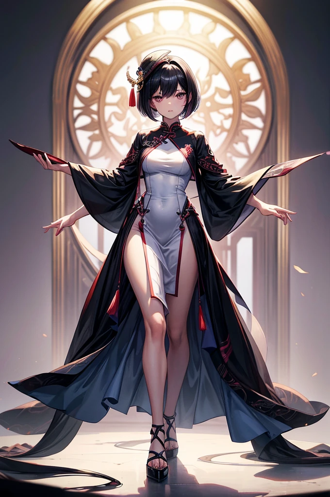 masterpiece, best quality, distinct image, 1 girl, 16 year old teenager, knee length Chinese styled dress, solo. sharp facial features, oval shaped face, cherry pink lip, lightly tanned white skin, velvet-colored eyes, tall height(175cm), slim yet chiseled body-type, dark violet-black hair, short pixie cut hairstyle, long and slender legs, curvy wide hips stretching the dress, full body image,