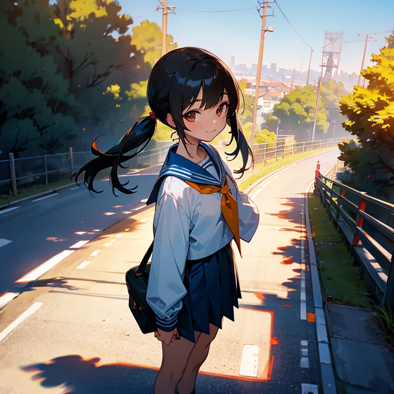 1girl, standing, gentle smile, yo, head tilt,
(low twintails), low pigtails, black hair, long hair,
BREAK
navy-blue sailor suit with blue ribbon, long sleeves,
BREAK 
dark brown eyes, 1 school bag on right shoulder, from front, from a little above,
sloped road, downhill, wide single road in Japan, stylish, urban, residential area,
electric pole, white line on the road, trees, white residences,
BREAK
distant urban cityscape, sea in the distance, gantry crane, nice views, afternoon, blue and orange sky, 
anime, high brightness,
(high quality, ultra detailed, masterpiece), FHD