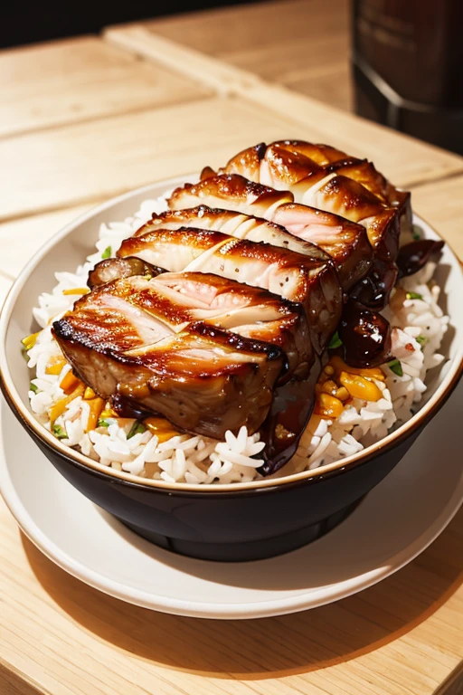 Rice with grilled meat on top、It&#39;s a little shiny、They&#39;re grilling meat in the back