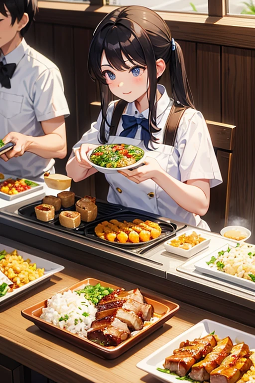 Rice with grilled meat on top、It's a little shiny、They're grilling meat in the back