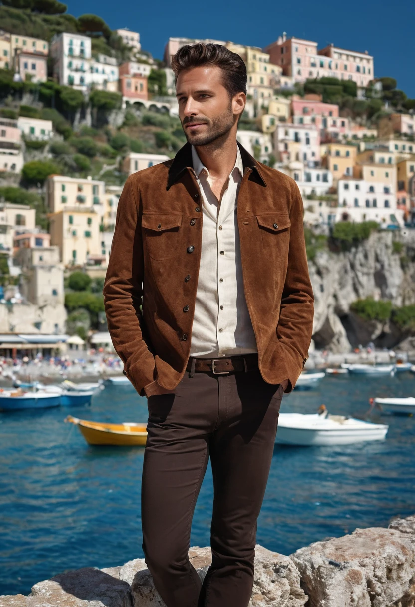 A 35 years old man, with a black pants,white social shirt, italian background, hands on the pocket, a brown jacket with a collar and buttons, brown jacket, clothes, very aesthetic jacket, clothing and boots, brown jacket,jacket, short brown jacket, brown jacket with long sleeves, and suede, jackets, brown clothes, jerkin, western clothing, brown shirt, clothing photography ,amazing italian background, 4k, realistic ,boats are docked in the water near a town on a hill, italian mediterranean city, mediterranean island scenery, italy, southern european scenery, gulf of naples, beautiful italian beach scene, mediterranean city, capri coast, fantasy italy, naples, mediterranean, beautiful place, mediterranean vista, beauitful, incredibly beautiful, unknown, beautiful high resolution, happy italian beach scene, imposing