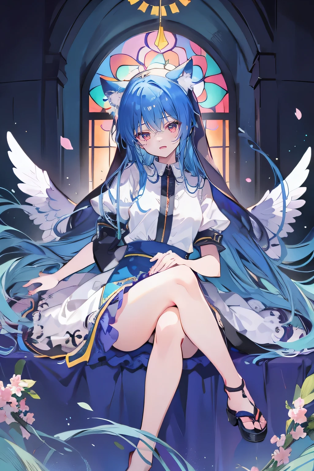 (masterpiece:1.2),Extremely detailed,Practical,expressive eyes,Fair skin,Perfect face shaping,1 Girl,
Japanese cartoons,Gorgeous blue hair, the long flowing blue hair,Floating clothes,Cat ears,Petals fall,beautiful lola,Angel,
Place your hands on your waist,sit elegantly on the ground,Cross your legs,Gentle and peaceful background,stately church,nun。