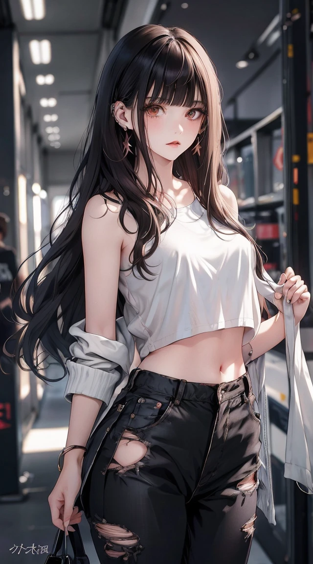 masterpiece, Highest quality, Pixiv, Cool girl, there are a lot of earrings, Earrings, Dark brown hair, Curly Hair, Blunt bangs, Straight bangs, Grey Eyes, Pale skin, Gal,Take off your clothes. Almost completely naked.