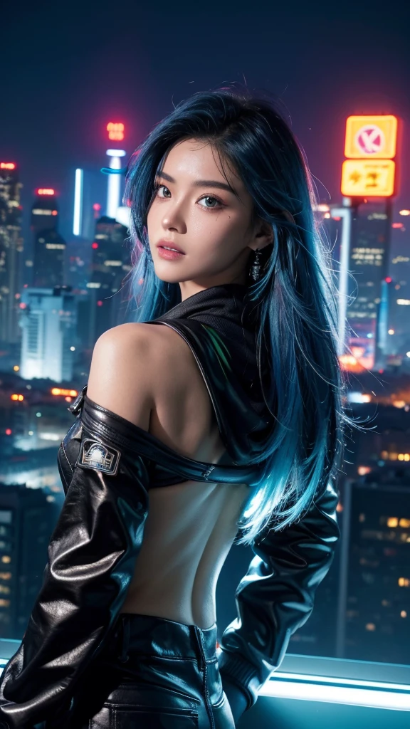 (tmasterpiece), Best quality at best, Ultra-high resolution,, Cyberpunk 1girl flies over stunning cityscapes ,hoody,Blue hair, neon colored meteor, Very long hair, cropped shoulders, feathers hair ornament, neon colored, Twinkle, stunning night sky, light, realisticlying, realisticing skin, HighDynamicRange,fish eye