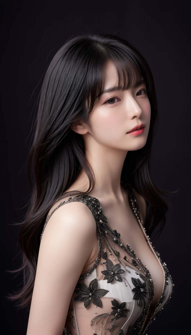 4K resolution,8K resolution,beautiful,Highest quality,Absolutely wonderful,Very detailed,Ultra-high resolution,masterpiece,Realistic,Realistic,Increased depth of field,Cinematic Light,
One elegant mature woman,
Long black hair,(精巧なディテールのbeautiful顔:1.5),Face with a gentle expression,Transparent white skin,(Very delicate skin texture:1.5),Great proportions,Glamorous Body,Anatomically correct body,
high slit dress,Gorgeous colors,Gorgeous and detailed pattern,Beautifully detailed pattern,Detailed cloth texture,
(Black Background:1.6),
(Dramatic Angle:1.5),