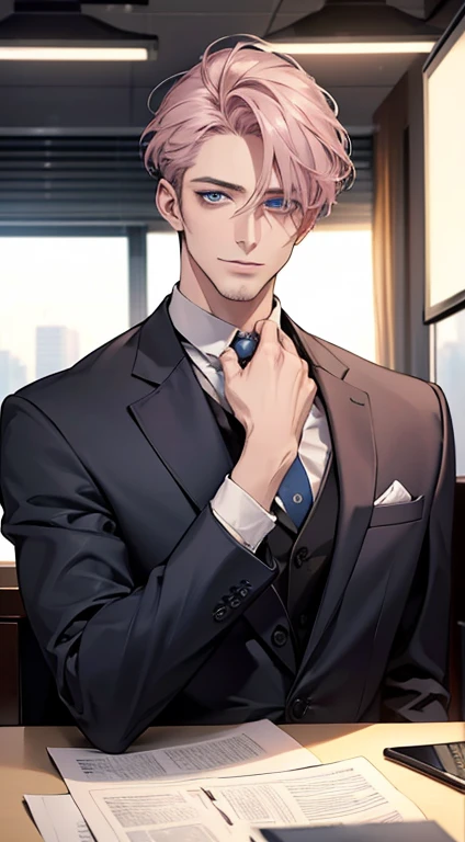 (best quality,4k,8k,highres,masterpiece:1.2),ultra-detailed,(realistic,photorealistic,photo-realistic:1.37),1 man,31 years old,mature man,very handsome,without expression,smile,short grey pink hair,blue eyes,penetrating gaze,perfect face without errors,imposing posture,businessman,office background,cinematic lighting,hdr image
