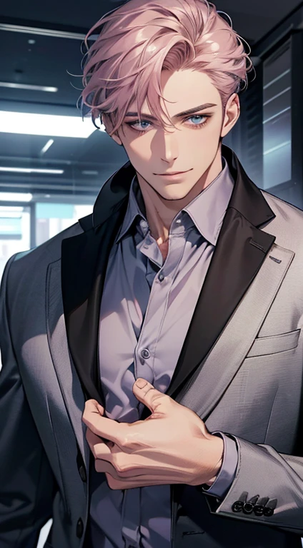 (best quality,4k,8k,highres,masterpiece:1.2),ultra-detailed,(realistic,photorealistic,photo-realistic:1.37),1 man,31 years old,mature man,very handsome,without expression,smile,short grey pink hair,blue eyes,penetrating gaze,perfect face without errors,imposing posture,businessman,office background,cinematic lighting,hdr image