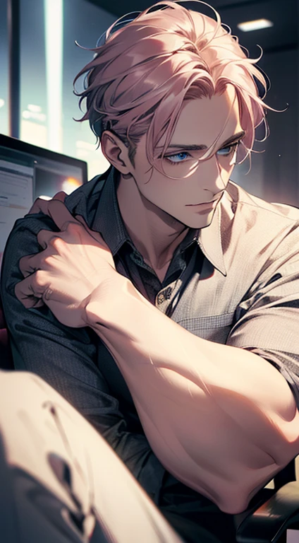 (best quality,4k,8k,highres,masterpiece:1.2),ultra-detailed,(realistic,photorealistic,photo-realistic:1.37),1 man,31 years old,mature man,very handsome,without expression,smile,short grey pink hair,blue eyes,penetrating gaze,perfect face without errors,imposing posture,businessman,office background,cinematic lighting,hdr image