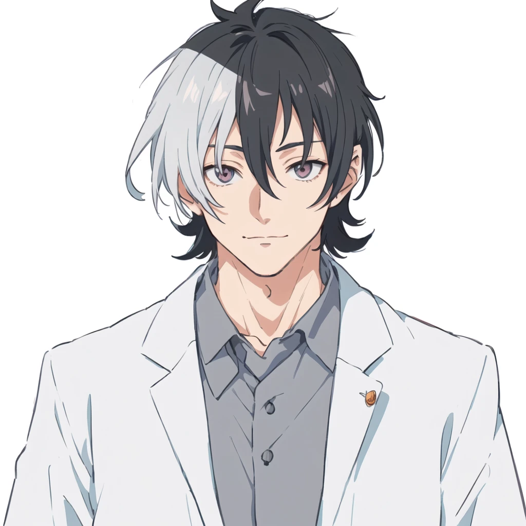 Cartoon image of a man with grey hair and wearing a white jacket, Silver-haired madman, He has dark grey hair, As an anime character, inspired by Okumura Togyu, inspired by Un'ichi Hiratsuka, Male Anime Characters, Vector Shading Anime, kaworu nagisa, okata kazuto, Kentaro Miura Manga Style