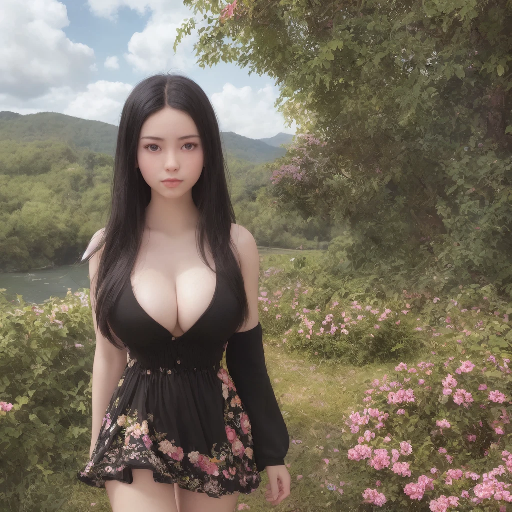 (best quality), masterpiece, Extremely detailed CG8K painting, high color, Extremely high color saturation, All colors are deepened, central composition, Extremely detailed light and shadow, The face and eyes are very detailed, medium length hair, sportswear, colorful clouds,beautiful nature,landscape,short black hair,white spaghetti strap dress,Black coat,Black skirt,,Large Breasts