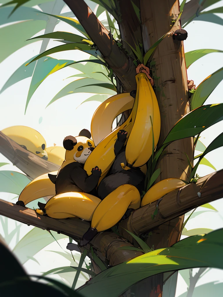 A banana fruit ripens on a banana tree while the panda looks on