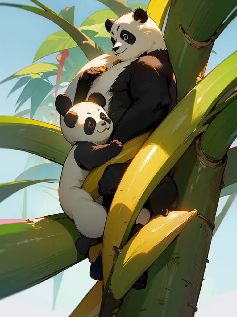 A banana fruit ripens on a banana tree while the panda looks on