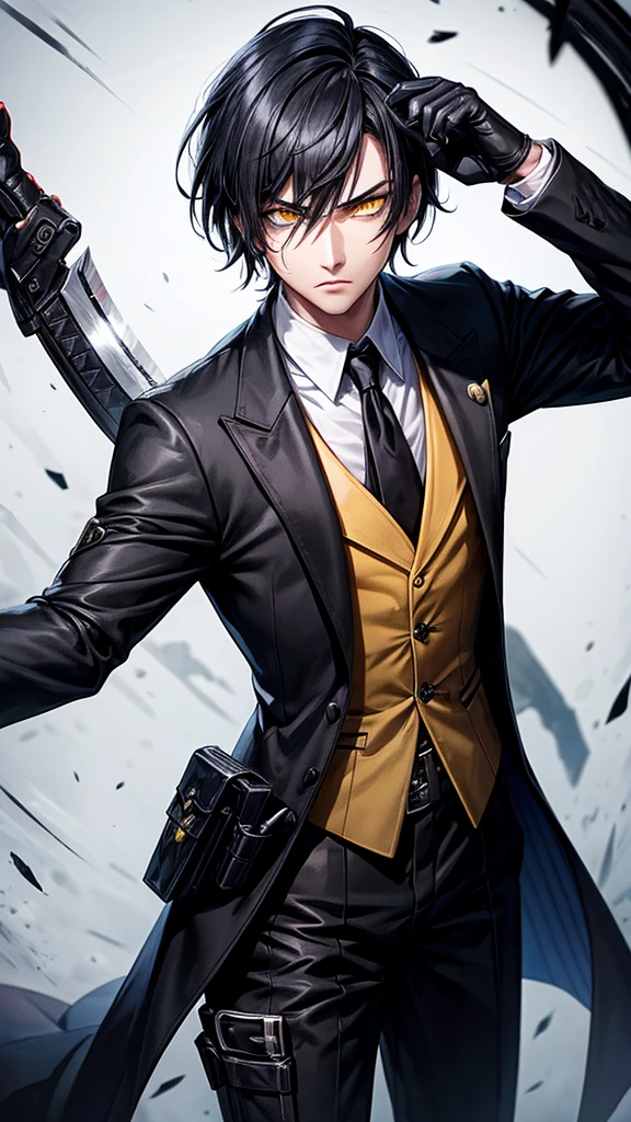 A young assassin with black hair, yellow eyes, a knife in his right hand, a gun in his left, a black suit and black gloves. Bloodstained face, cold person