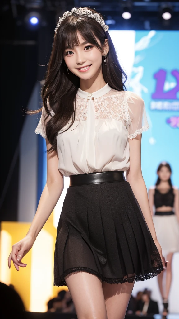 Amazingly large eyes、Smiling expression with white teeth visible、H cup bust、50cm waist、Slender and fair-skinned、Japan woman with long hair、20-year-old、Slim figure、Wearing a pleated skirt and a sheer lace blouse that flutters in the vivid breeze、Wearing high heels。On the runway at a fashion show、Her whole body was shown, from her high heels to her head, as she walked towards the viewer.、Bright, photo-quality images。
