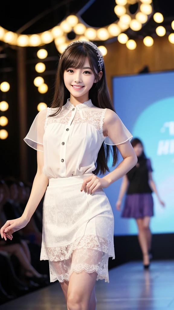 Amazingly large eyes、Smiling expression with white teeth visible、H cup bust、50cm waist、Slender and fair-skinned、Japan woman with long hair、20-year-old、Slim figure、Wearing a pleated skirt and a sheer lace blouse that flutters in the vivid breeze、Wearing high heels。On the runway at a fashion show、Her whole body was shown, from her high heels to her head, as she walked towards the viewer.、Bright, photo-quality images。
